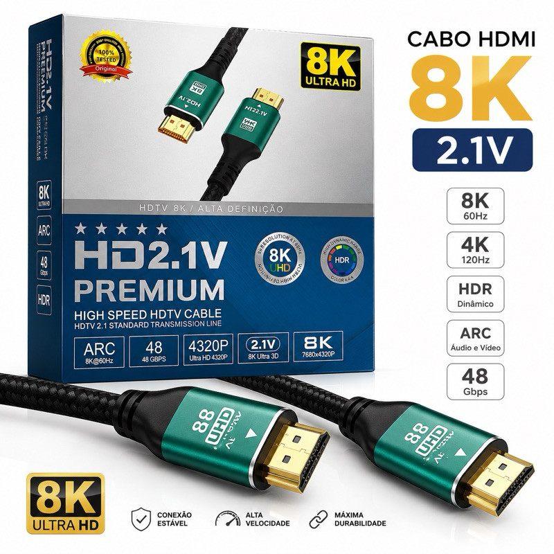 Cabo HDMI 2.1 de 10 Metros 8K 60Hz 4K 120Hz 48Gbps HDR ARC Premium