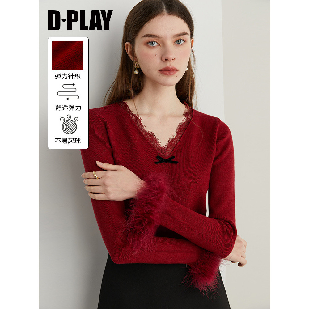 DPLAY [Huipin] 2026 Outono Novo Estilo Suéter Vermelho Feminino Slim-fit Estilo Ocidental Camisa de Fundo de Renda Top