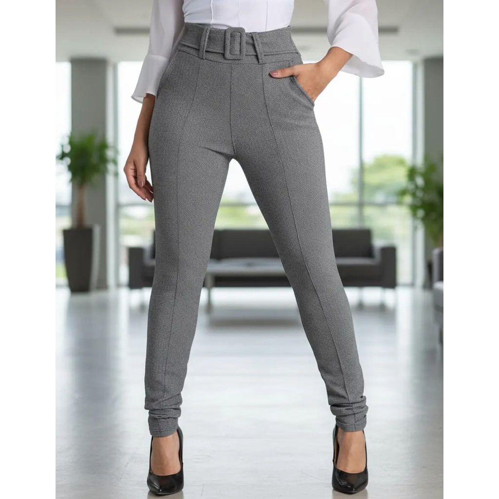 Calça Feminina Malha Crepe Cintura Alta Bolso Cinto Forrado