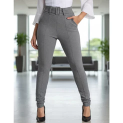 Calça Feminina Malha Crepe Cintura Alta Bolso Cinto Forrado