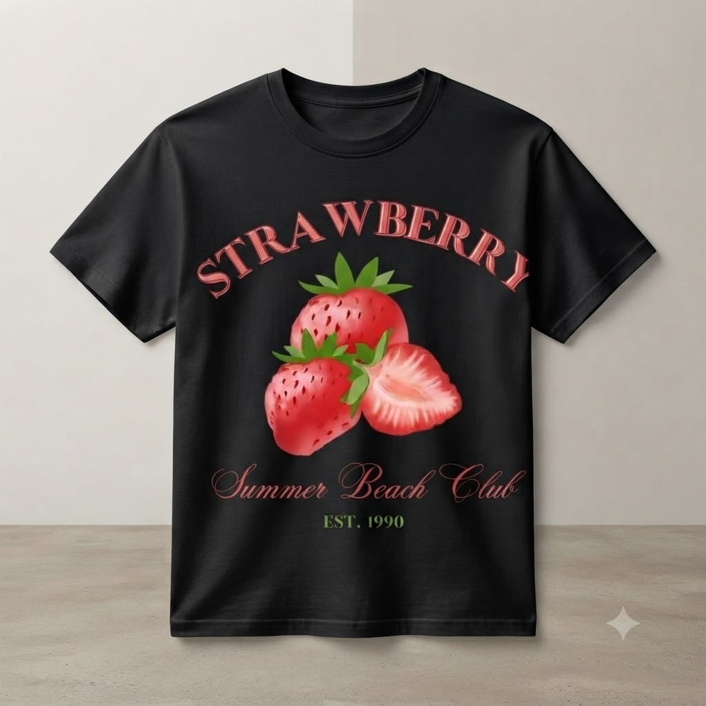 Camiseta Feminina Strawberry Summer Beach Club Estampa Morango Manga Curta Casual Confortável
