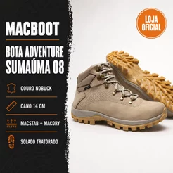 Bota Unissex Adventure Cano Alto Macboot Sumaúma 08 Couro Trilha Caminhada Trabalho Resistente