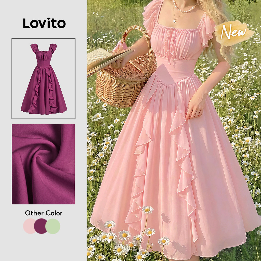 (New Arrival) Lovito Vestido Elegante Plissado com Zíper para Mulheres Primavera