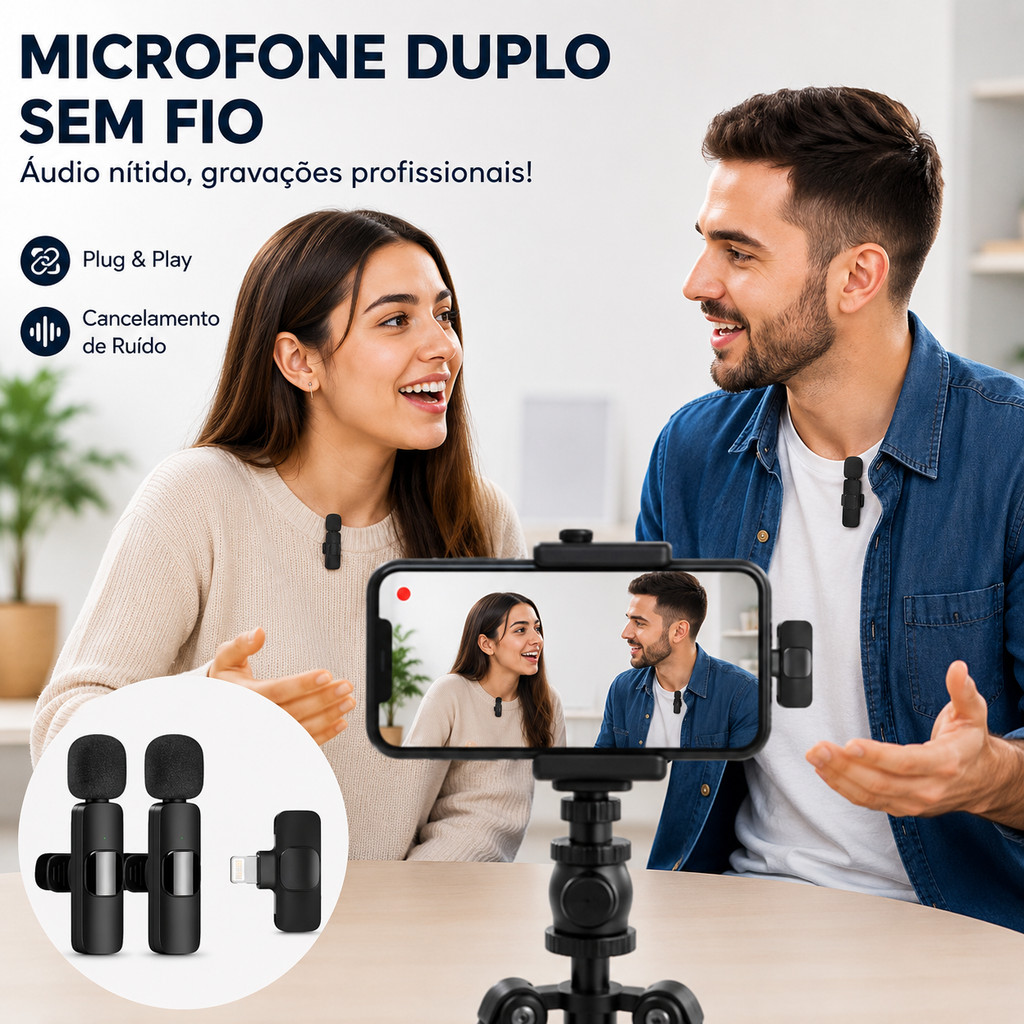 Microfone Lapela Sem Fio Duplo 2.4G Redução de Ruído Plug Play iPhone