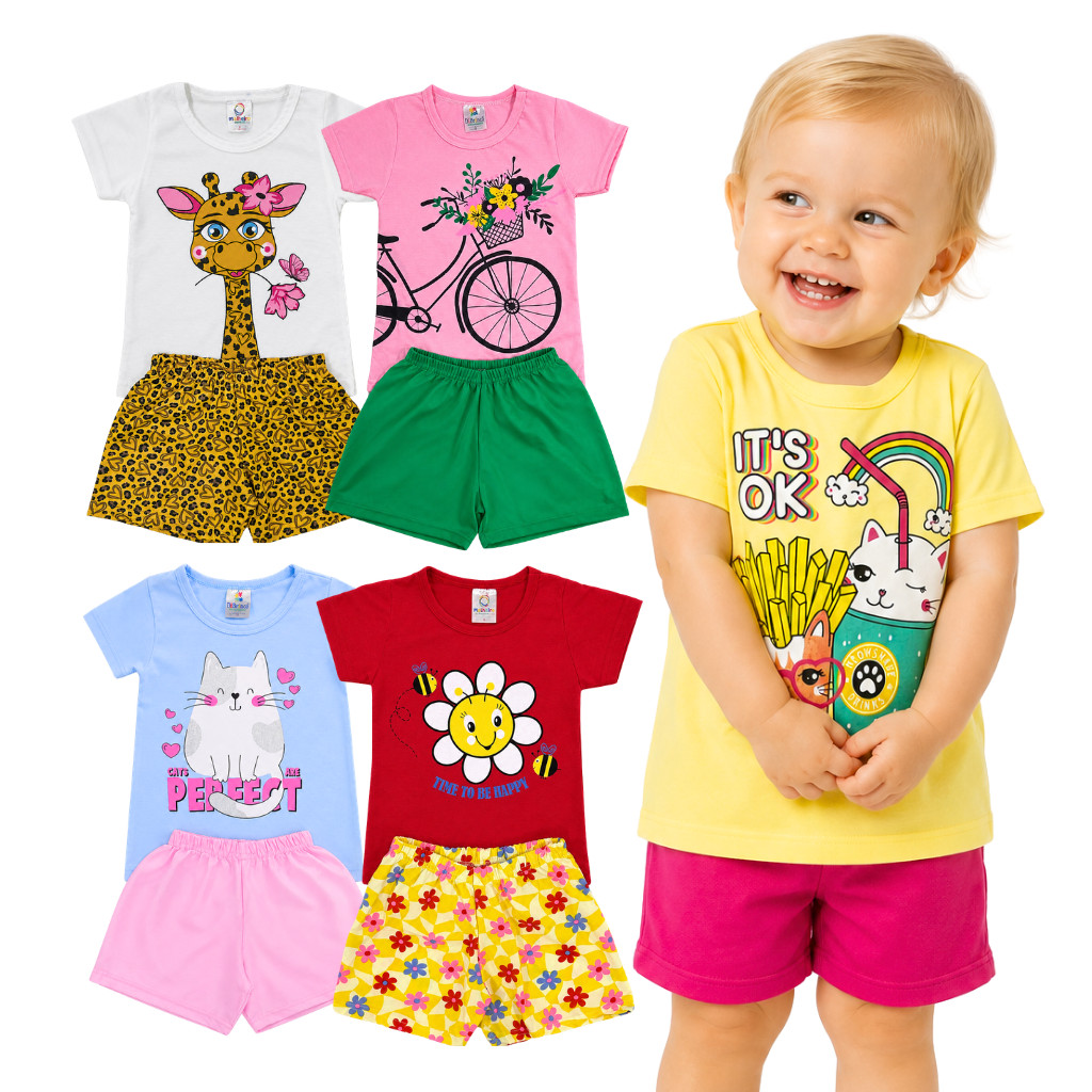 Kit 4 Peças Verão Infantil Roupa Menina Sortidos Camiseta + Shorts Liso ou Estampado 2 Conjuntos