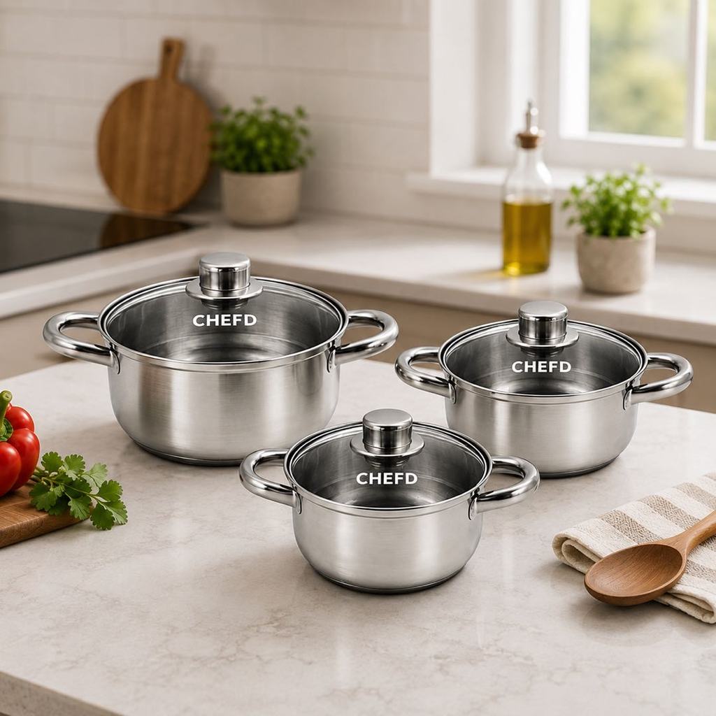 Imagem Jogo de Panelas Aço Inox 3 Peças Tampa de Vidro Fundo Triplo Indução Conjunto 3 Caçarolas CHEF D