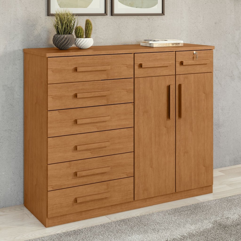Cômoda 8 Gavetas 2 Portas com Chave 142cm Toronto Marrom Amêndoa Clean Amêndoa Clean