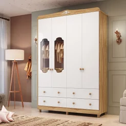 Guarda-Roupa de Bebê 156,80cm 4 Portas com Janela 4 Gavetas 100% MDF Maya Provençal Yescasa Branco/Brilho/Amêndoa