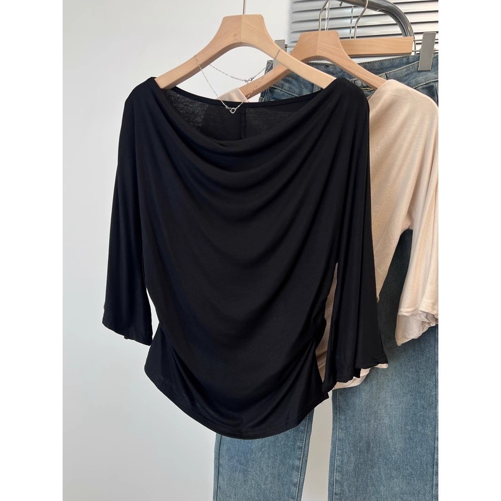 Algodão puro preto tamanho grande gola oscilante manga alargada camiseta feminina verão novo estilo gordura mm capa carn