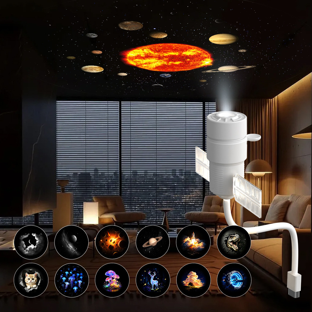 Lâmpada Projetora de Céu Estrelado USB 2 em 1, Projetor de Galáxia com Luz Noturna e Brilho Ajustável com 12 Filmes de P