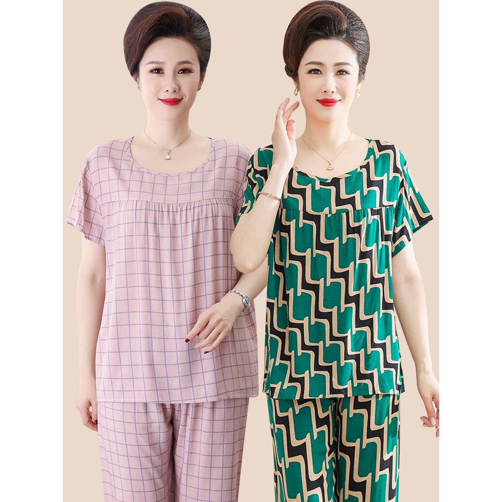 Roupas femininas idosas de meia-idade Roupas de mãe Roupas de verão Vovó Estilo ocidental Terno Senhora velha Roupas de