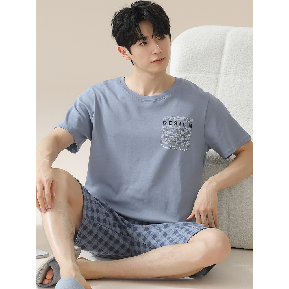 Kazhilian pijamas conjunto masculino em torno do pescoço pulôver Shorts de manga curta xadrez fino puro algodão estudant