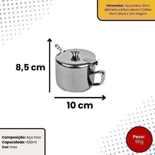 Açucareiro Inox Capacidade 420ml Com Colher Praticidade Cozinha Utensílio