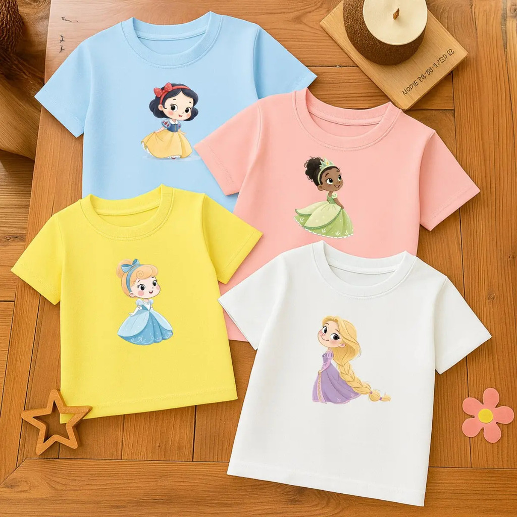 Kit 4 Camisetas Infantis Menina Princesa Infantil Feminina Criança Coloridas Estampadas Manga Curta Algodão Verão Roupa