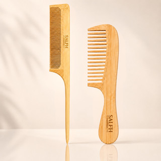 Pente de Cabelo de Bambu Dente Largo e Pente Fino de Madeira Antiestático 100% Bambu