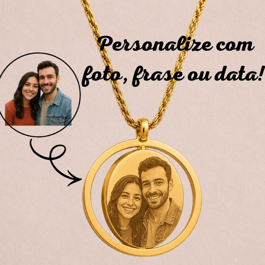 Colar Personalizado a Laser  Banhado a Ouro 18K  com Foto, Nome, Frase, Data ou Símbolo | Pingente Giratório Dupla Face