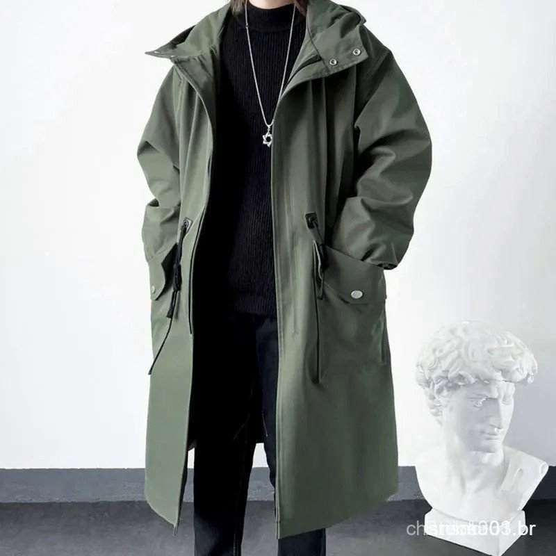 Casaco Masculino de Comprimento Médio com Capuz, Trench Coat Verde Exército, Sobretudo Streetwear 1F2V D3E5 1VKL OJ08