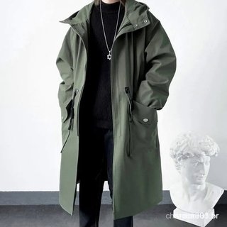 Casaco Masculino de Comprimento Médio com Capuz, Trench Coat Verde Exército, Sobretudo Streetwear 1F2V D3E5 1VKL OJ08