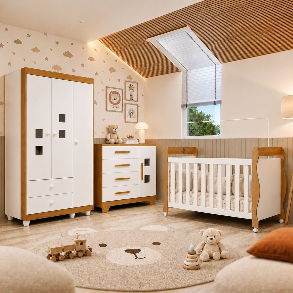 Quarto de Bebê Completo com Cômoda, Berço e Guarda Roupas Mila Branco/Amadeirado Branco/Amadeirado