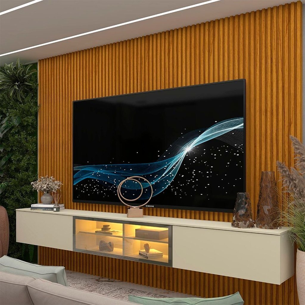 Estante para TV e Home Theater até 84 Polegadas com LED 100% MDF 218CMX250CM LED Supremo Luminare Off White/Naturale