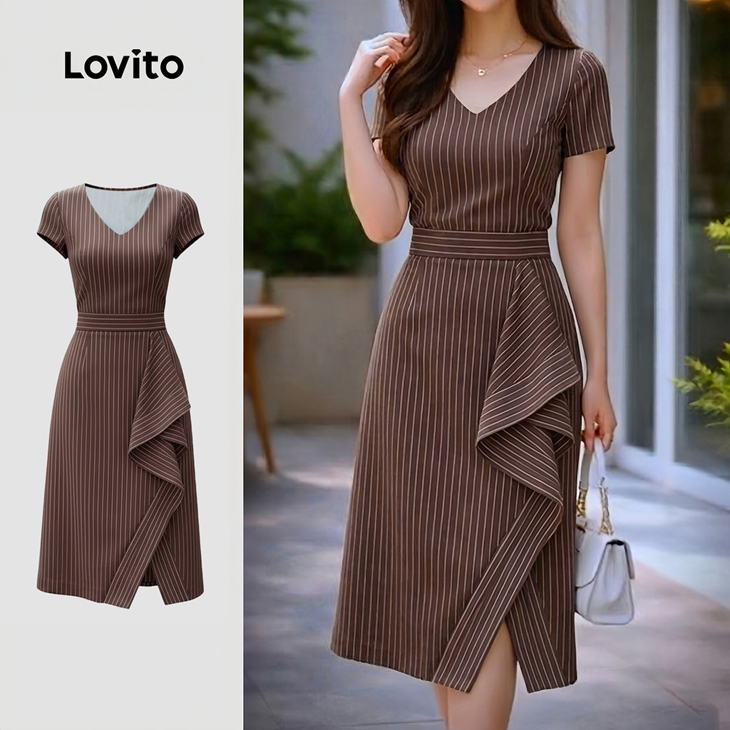 Lovito Vestido Listrado Elegante Com Babados E Fenda Vestido Marrom De Primavera/Verão Para Mulheres LK6LD384