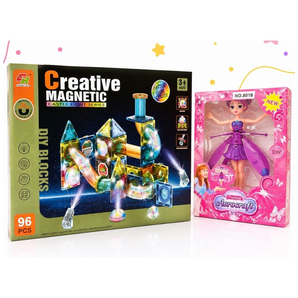 Kit Blocos Magnéticos 96 Peças + Boneca Voadora Infantil