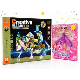 Kit Blocos Magnéticos 96 Peças + Boneca Voadora Infantil