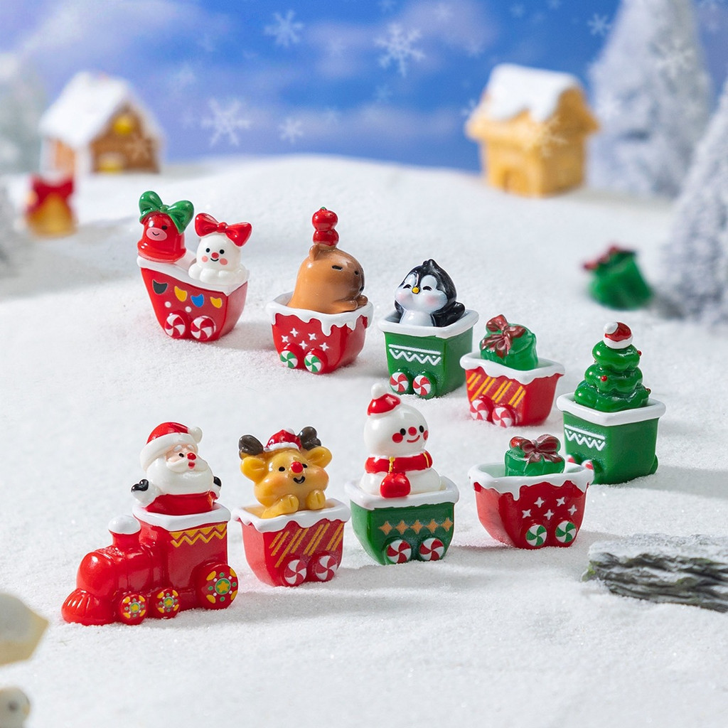 Trem de Natal Miniatura Decoração Fofa com Papai Noel Boneco de Neve Enfeite de Resina Cenário Natalino