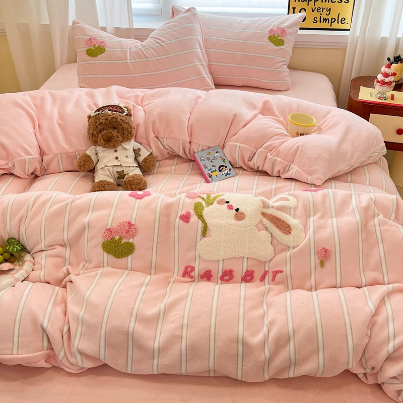 Inverno dos desenhos animados leite velo toalha cama bordada conjunto de quatro peças engrossado flanela quente capa de 