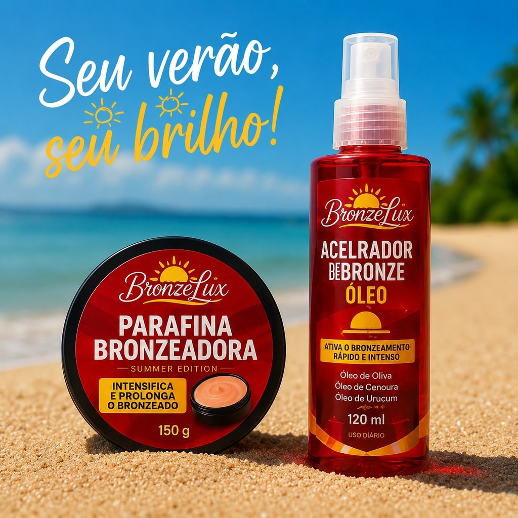 Acelerador 120ML + Parafina 120g – Bronze Natural e Dourado, Bronze de Verão Cenoura e Urucum.