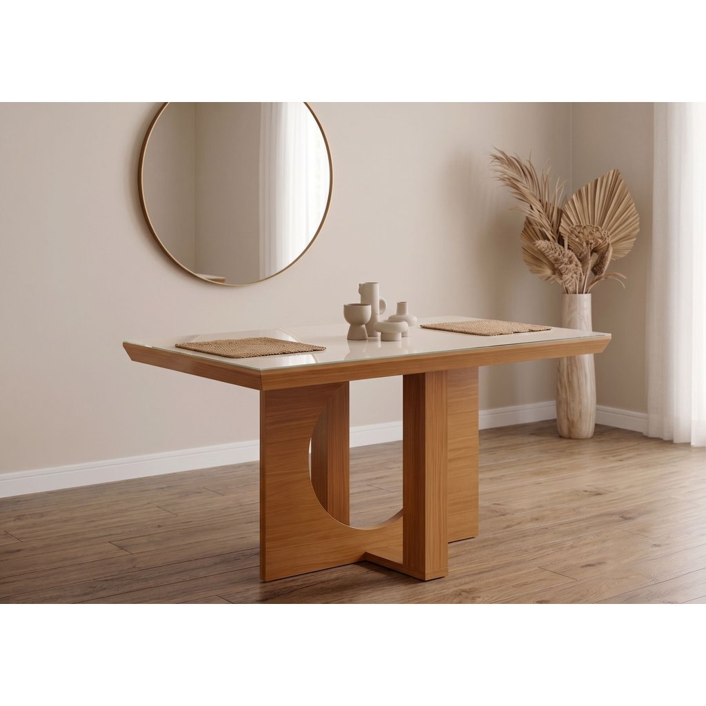 Mesa Tampo Vidro/MDF Frisa Marrom/Cinamomo/Off White