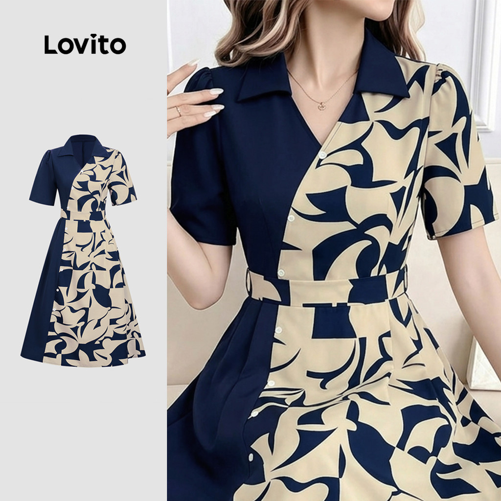 Lovito Vestido Elegante com Botões Padrão Geométrico Bicolor Azulescuro para mulheres DRB199P2D552