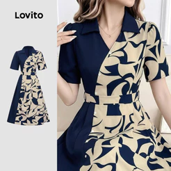 Lovito Vestido Elegante com Botões Padrão Geométrico Bicolor Azulescuro para mulheres DRB199P2D552