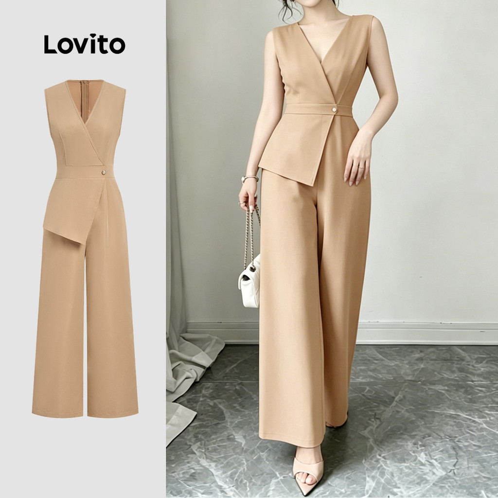 Lovito Elegante Macacão Assimétrico Botão Simples Primavera/verão Khaki Macacão Feminino L199ED298