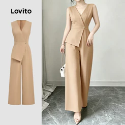 Lovito Elegante Macacão Assimétrico Botão Simples Primavera/verão Khaki Macacão Feminino L199ED298