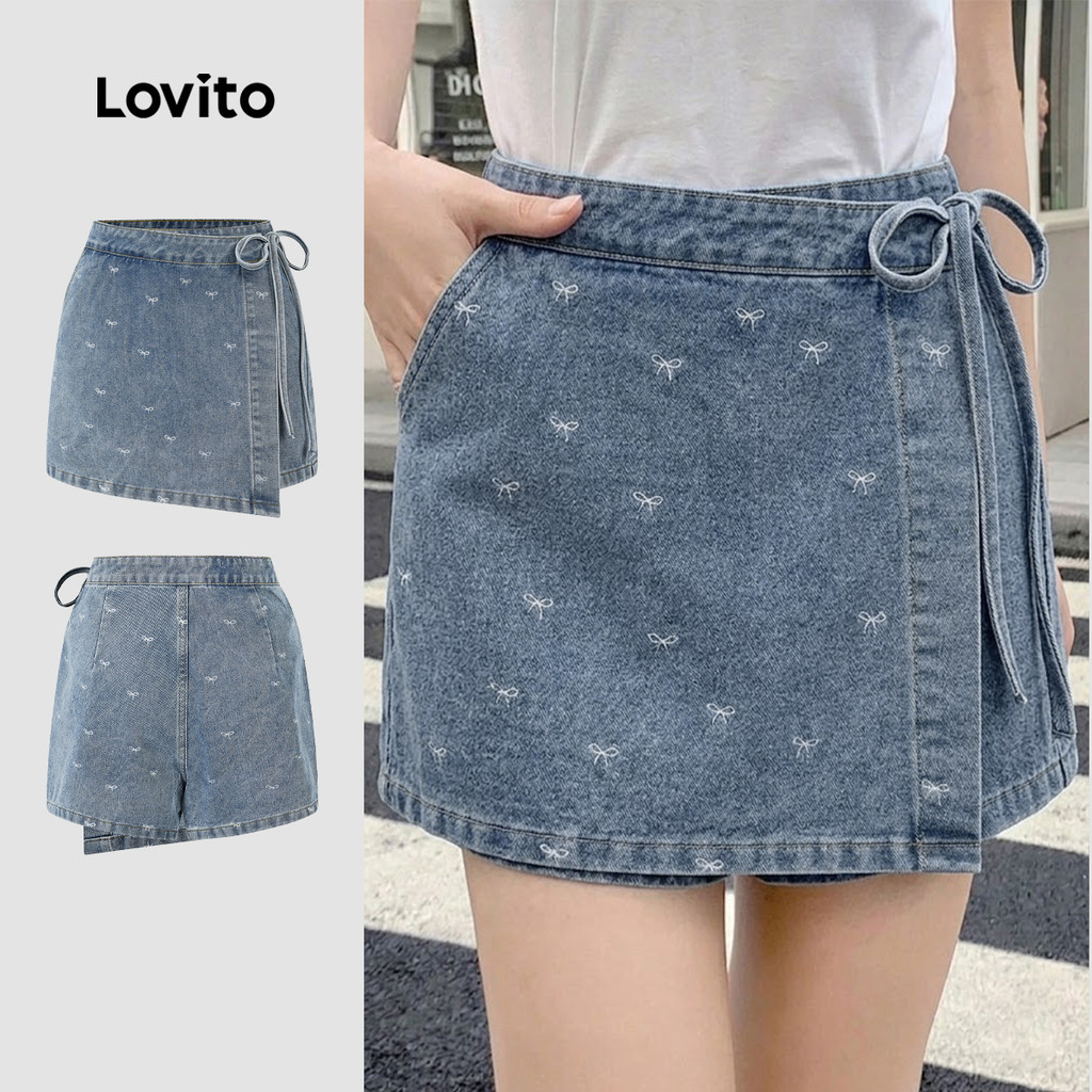 Lovito Shorts Jeans Casuais de Camada Dupla para Mulheres Primavera/verão Azul L198ED612