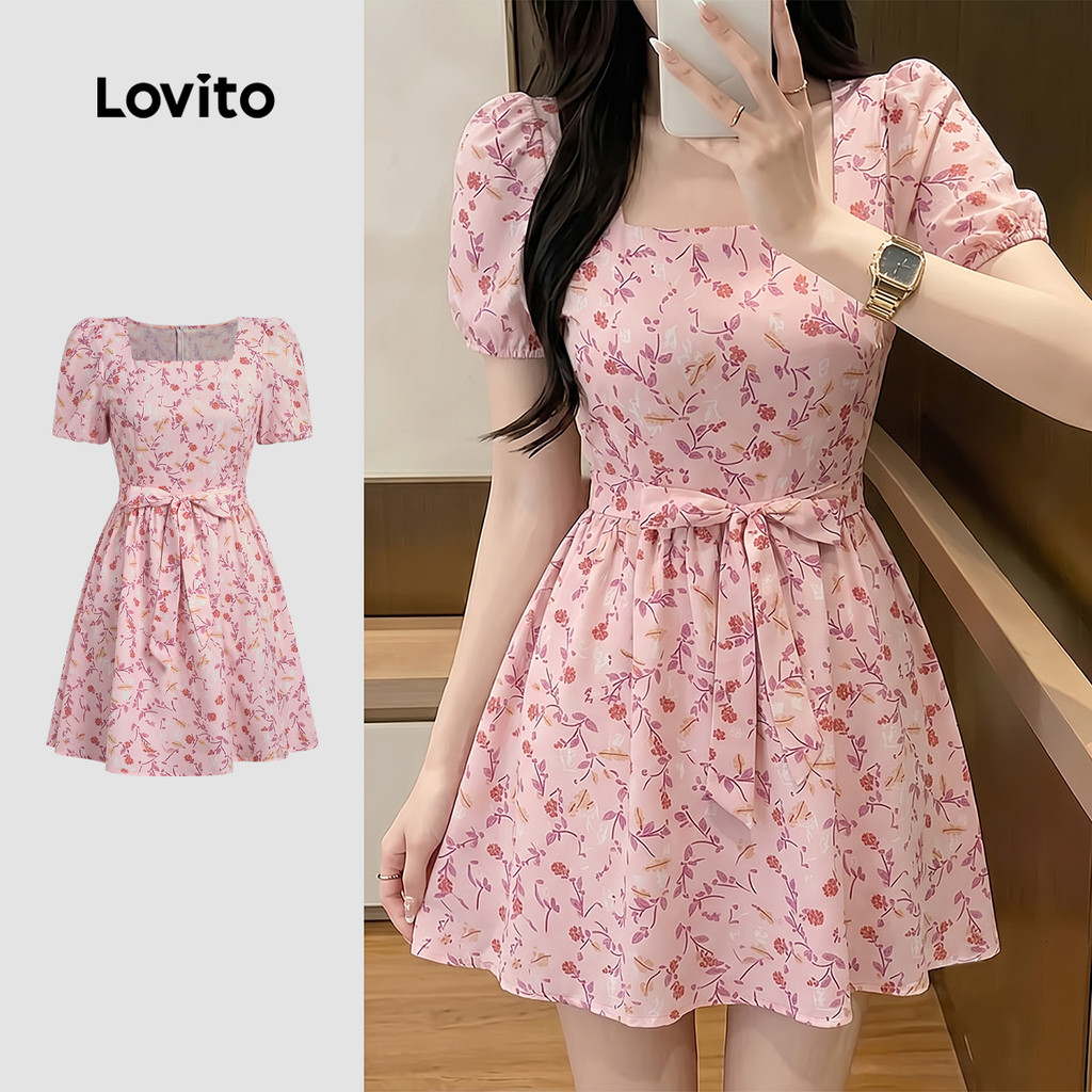 Lovito Vestido Casual Rosa de Primavera/verão com Renda para mulheres Bordado DRK8P1D554
