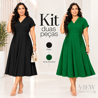 KIT 2 Vestidos Midi Soltinhos Manga Moda Evagélica Elegante Casual Premium Godê Caimento Fluido