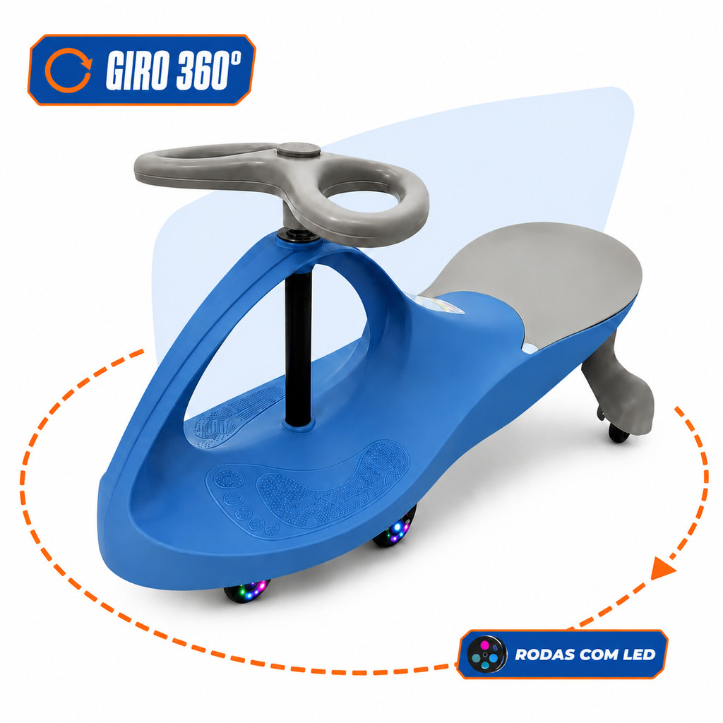 Carrinho Rolimã Infantil Gira 360 Graus LED nas Rodas Zippy Car Compact Suporta Até 80kg Reforçado Menino Kizumba Azul