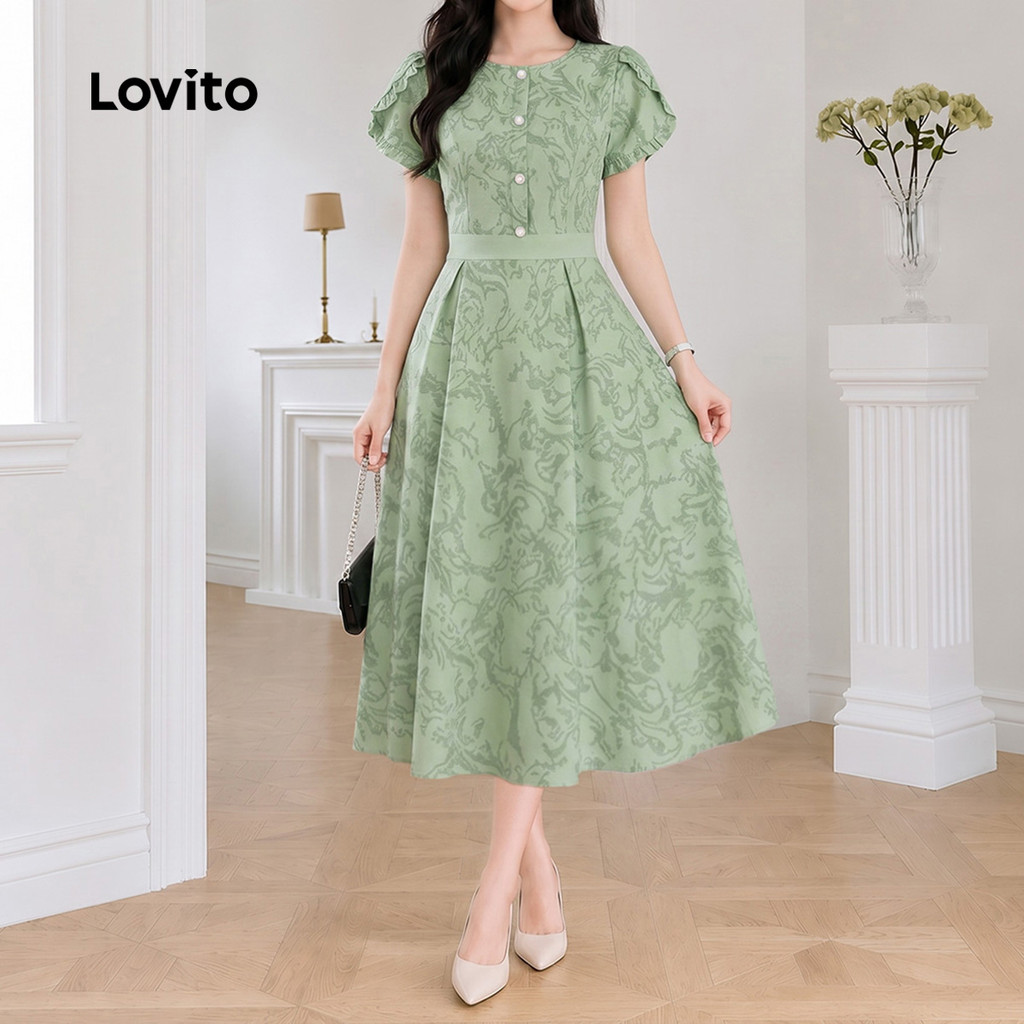 (New Arrival) Lovito Elegante Vestido Longo Evase Verde Floral Drapeado Barra Ondulada Contraste Primavera Verão Trabalho Para Mulheres DRB204P1D237 — imagem 2 de 2