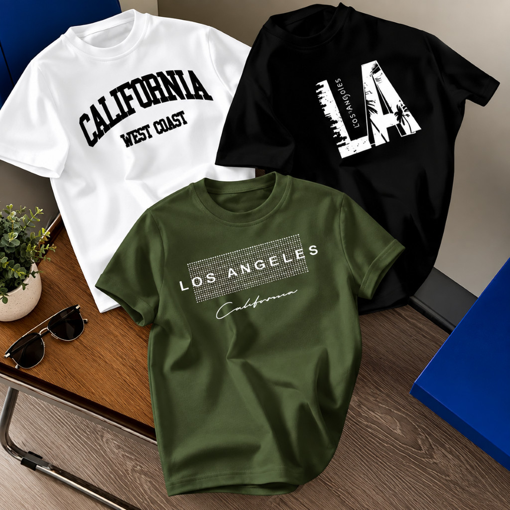 Kit 3 Camisetas Infantis 100% Algodão Gola Redonda Califórnia Adolescente Streetwear