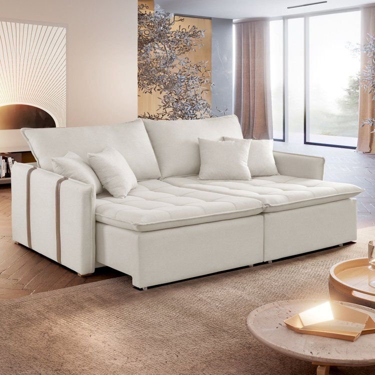 Sofá Cama Retrátil e Reclinável 3 Lugares Veludo Bege Claro Detroid 220cm Yescasa Veludo Bege Claro