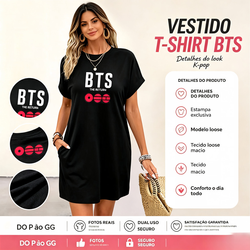 Vestido Camiseta Feminino Oversized Algodão Estampa BTS K pop Gráfica Musical Gola Redonda Manga Curta Bolso Lazer Show