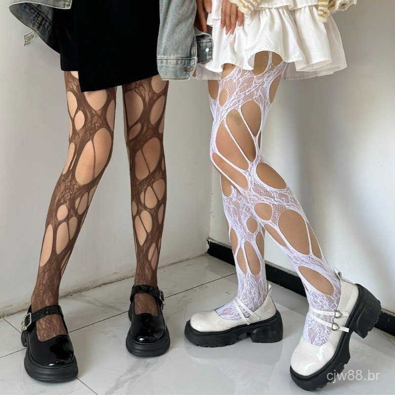 Meias de rede com padrão floral jacquard, estilo Y2K, para mulher, sensuais, pretas, estilo gótico punk, meias com orifí