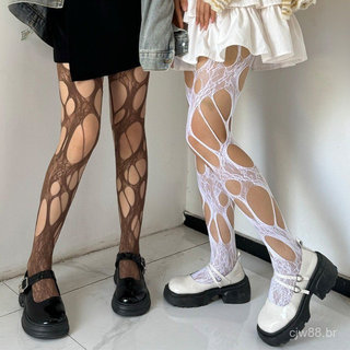 Meias de rede com padrão floral jacquard, estilo Y2K, para mulher, sensuais, pretas, estilo gótico punk, meias com orifí