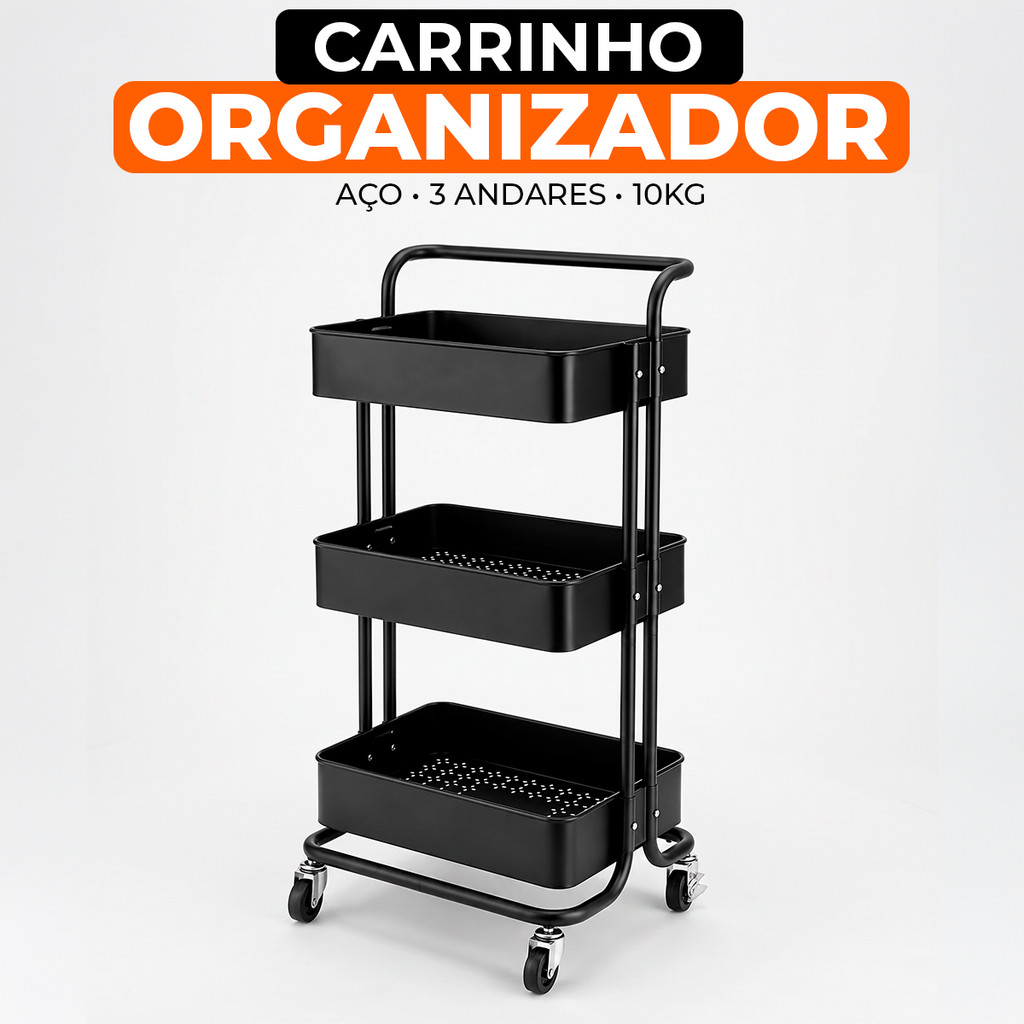 Carrinho Organizador Multiuso 3 Andares Rodinhas 360 Com Trava Aço Preto 73cm Cozinha Banheiro