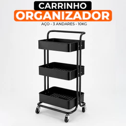 Carrinho Organizador Multiuso 3 Andares Rodinhas 360 Com Trava Aço Preto 73cm Cozinha Banheiro