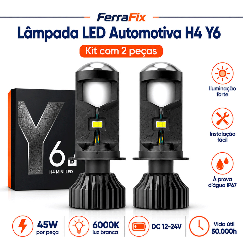 Kit 2PCS Lâmpada LED H4 Y6 Mini Projetor 24000LM Farol Automotivo Alto e Baixo para Carro e Moto