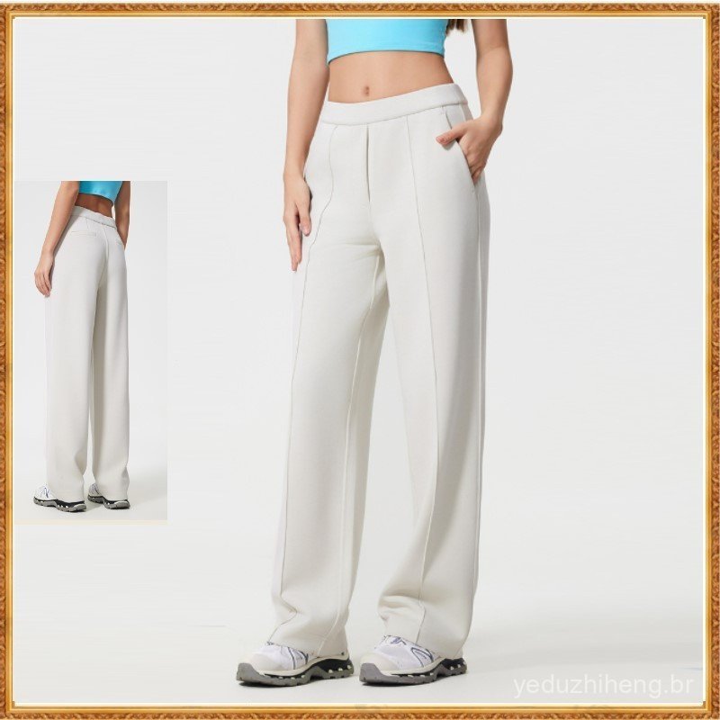 Calças de cintura média e pernas largas da marca Lulu, corte folgado e ajustado, estilo casual, esportivo e versátil D25