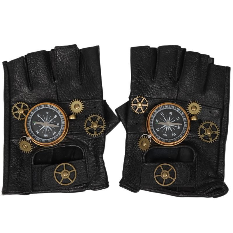 Novo estilo Steampunk luvas de couro engrenagem meio dedo luvas bússola Retro vestir-se presente de palco